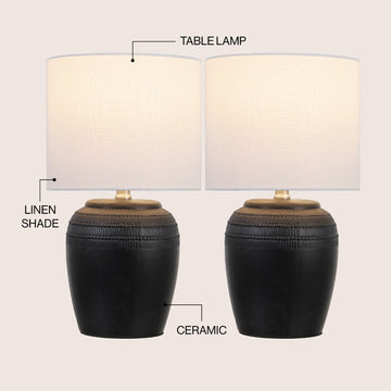 Hugo 16.75" Traditional Rustic Reeded Ceramic Vase LED Table Lamp, Set of 2